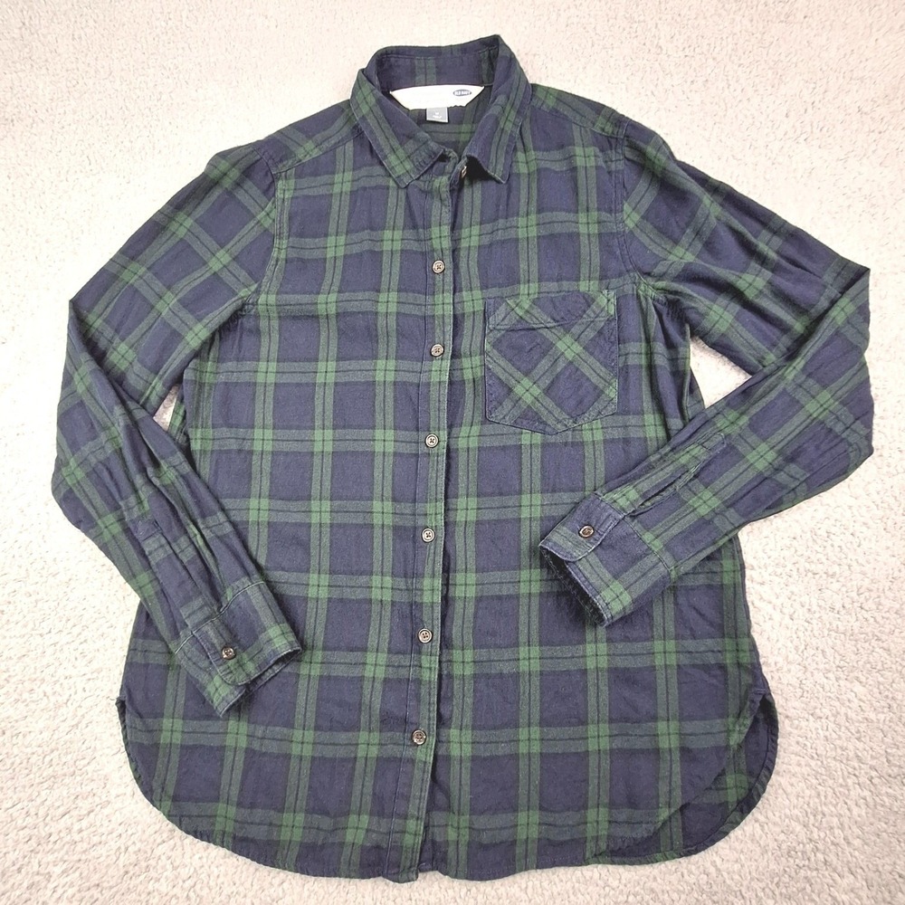 Old‎ Navy Classic Shirt Women Medium Blue Green Tartan Plaid Flannel Button Up